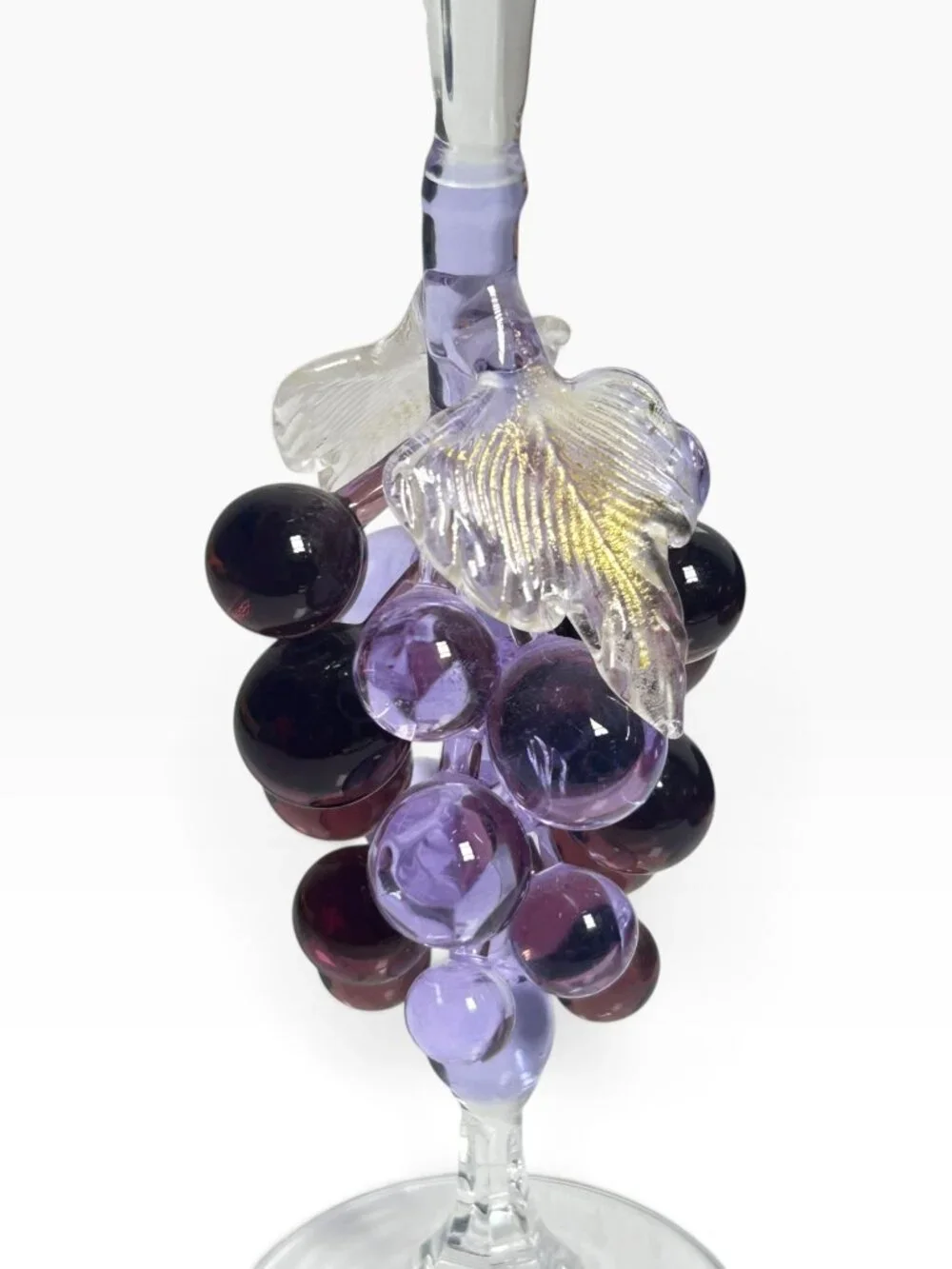 Vintage Murano Style Art Glass Champagne Flute Purple Grape Stem Paneled Shape